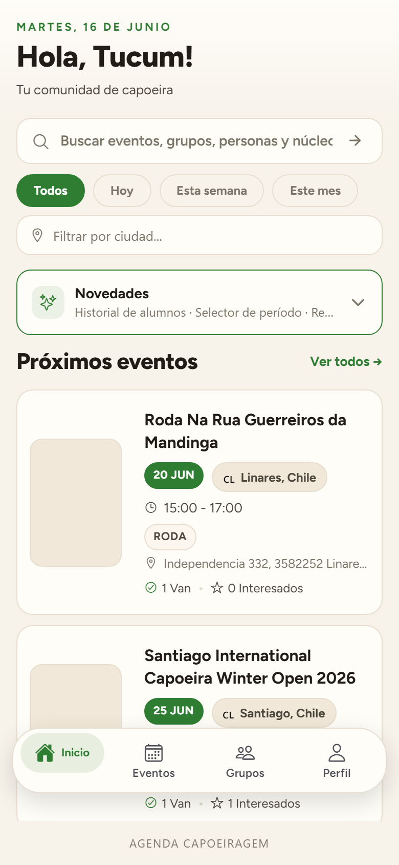 Agenda Capoeiragem app home screen